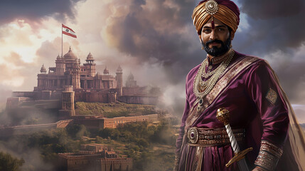 painting of Maharaja Shivaji standing proudly wearing royal attire complete with gold turban, maroon robe and traditional sword,. Ai generated images
