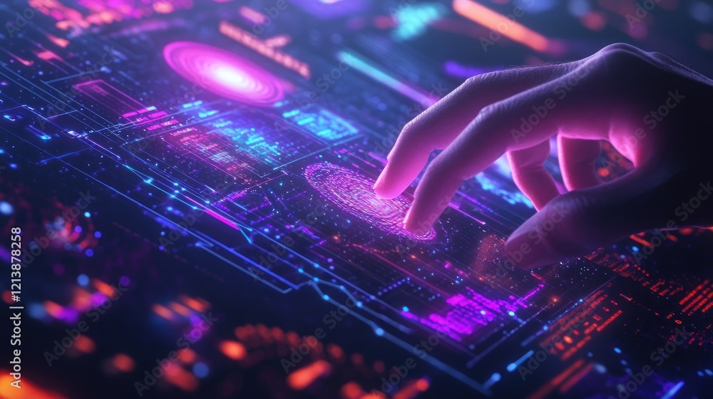 Aufkleber fingertip scans futuristic interface; data streams glow