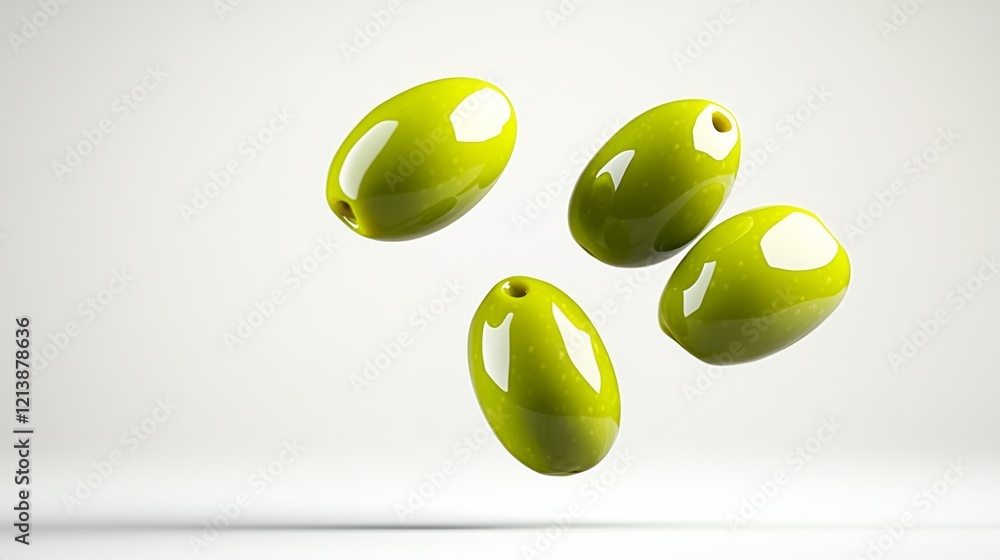 Poster four green olives are shown in a white background. the olives are arranged in a way that they appear
