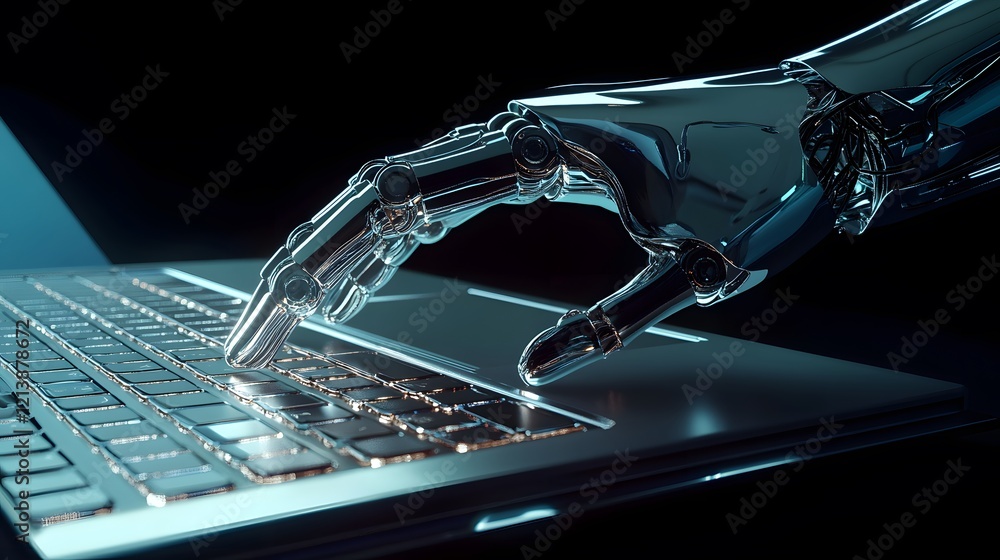 Poster robotic hand using a sleek modern laptop computer