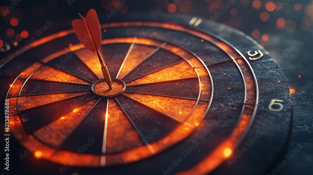 Poster dart arrow on target board with glowing highlights and haze