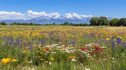A field of wildflowers blooming in a meadow with a mountain range in the distance  © sasisom