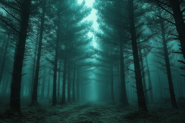Naklejka premium The mystical coniferous forest is shrouded in thick fog. The sun's rays do not penetrate the fog. Gloomy forest