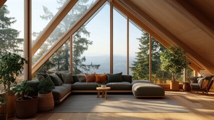 Spacious modern penthouse living room with large windows and stunning city views, perfect for relaxation and entertaining.