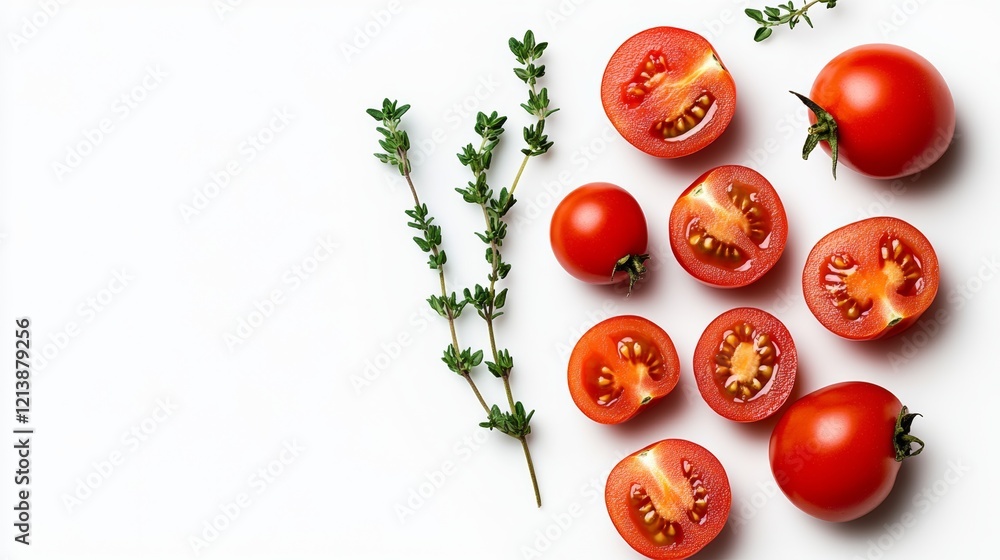 Poster close up of a bunch of tomatoes and some herbs. the tomatoes are sliced and arranged in a way that t