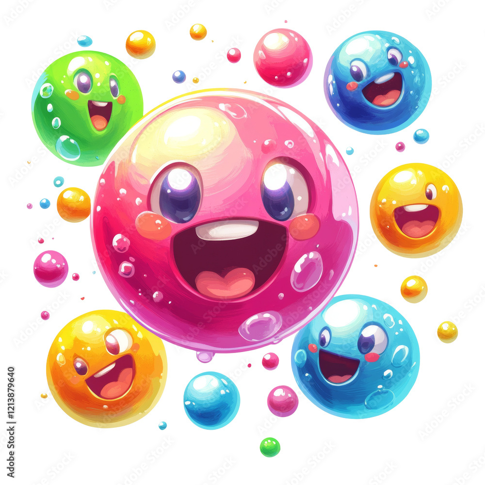 Aufkleber A group of cheerful colorful bubble characters with happy faces float against a white background.