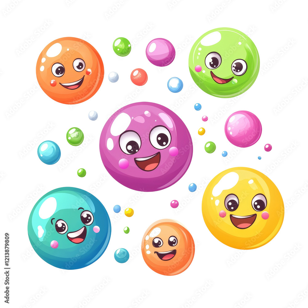 Poster a cheerful illustration of multiple colorful bubbles with happy cartoon faces and smaller bubbles ar