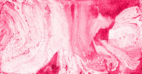 Abstract marble background of different shades of pink and white colors. Chaotic spots, dots, splashes and lines. Uneven spots. In some places they are more saturated and darker.