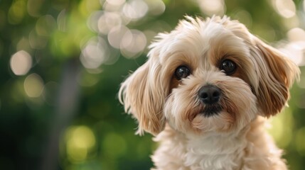 Fluffy dog portrait, outdoor, bokeh background, pet adoption
