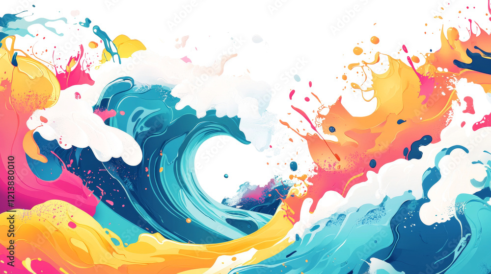 Poster a vibrant abstract artwork depicting colorful paint splashes forming dynamic wave-like patterns.