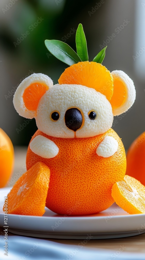 Poster cute orange kangaroo made out of oranges sits on a white plate. the kangaroo is surrounded by slices