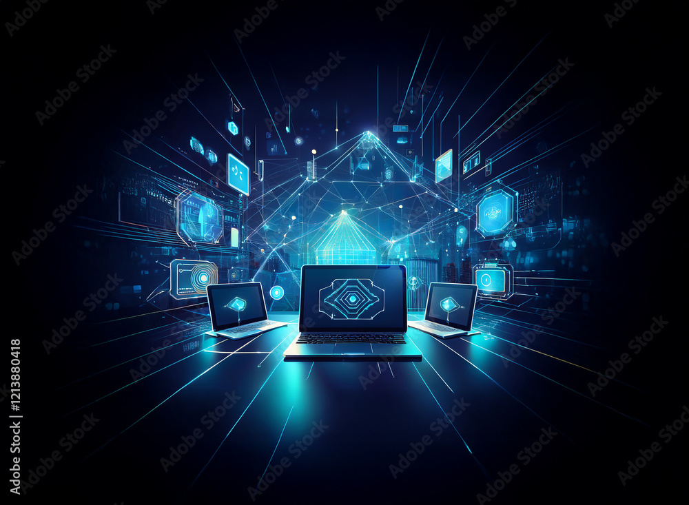 Poster abstract digital illustration of interconnected devices forming a secure network, showcasing data pr