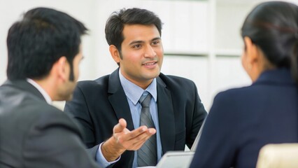 Fototapeta premium Indian HR Manager Overseeing Employee Welfare - An Indian HR manager discussing employee welfare policies with staff members in an office. 