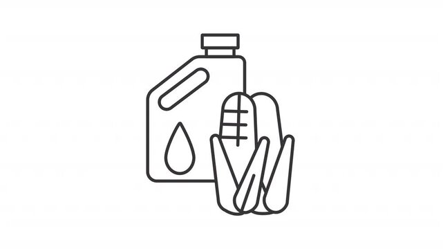 Biofuel line animation. Jerrican with corn cobs animated icon. Fuel produced over short time span from biomass. Black illustration on white background. HD video with alpha channel. Motion graphic