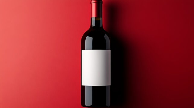 Bottle of wine is sitting on a red background. The bottle is empty and the label is white
