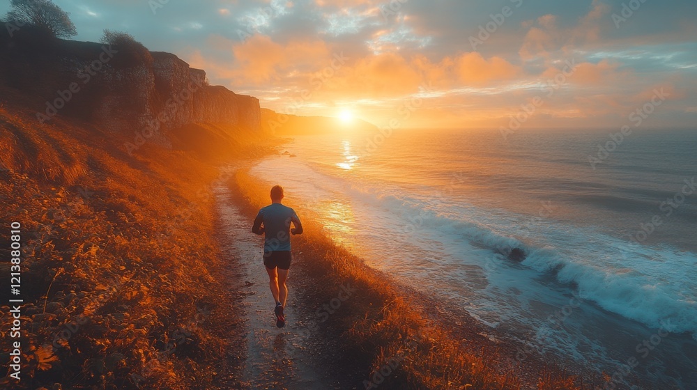 Poster a jogger runs along a scenic coastal path, flanked by cliffs as the sun sets, casting warm hues acro