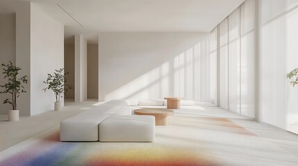 Fototapeta premium Modern Minimalist Living Room Design with Pastel Rainbow Rug