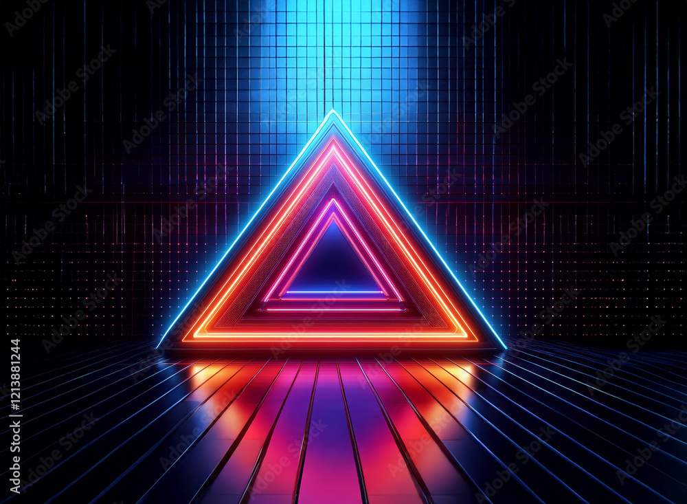 Poster neon triangles glow vibrantly, nested within each other, casting reflections on a dark, sleek floor.