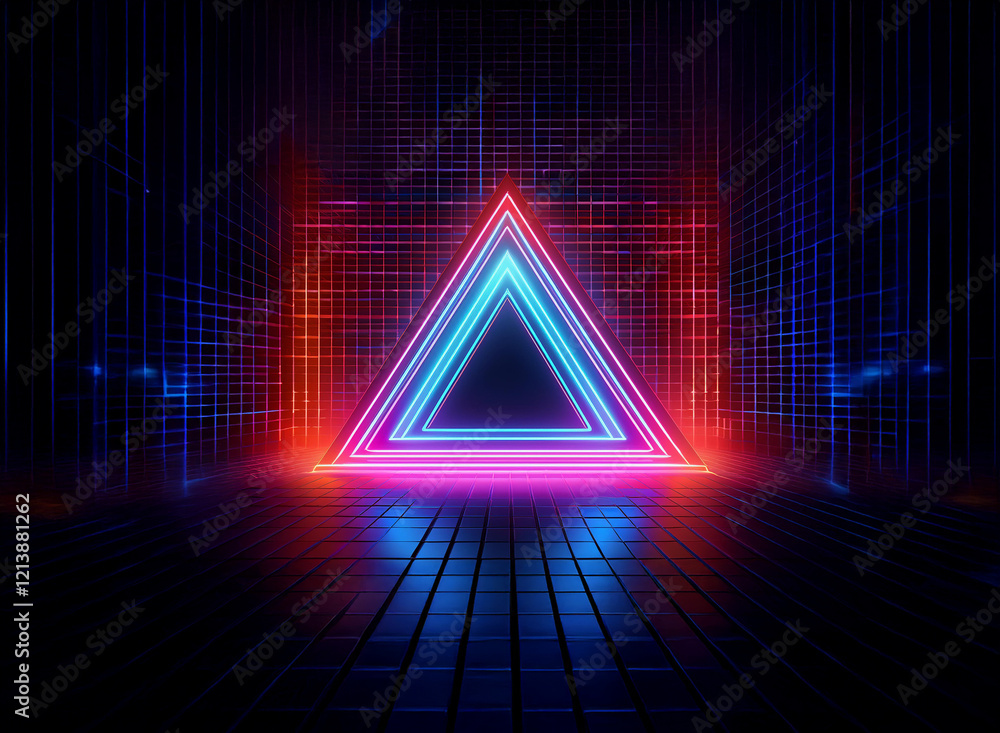 Poster a vibrant neon triangle glows in a dark, digital space. red and blue lines create a gridded backdrop