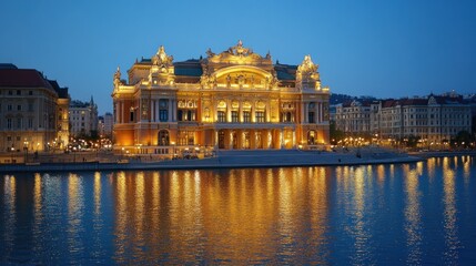 Fototapeta premium Illuminated opera house reflecting on still water at dusk, European city