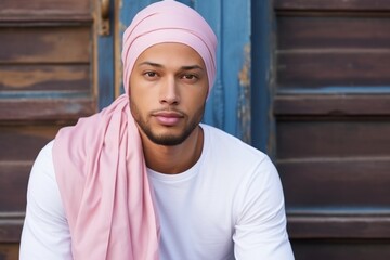 A man wearing a pink scarf and white shirt is sitting on a wooden floor
