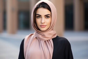 A woman wearing a black and tan scarf stands in front of a building