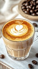 Artisan cortado coffee presentation minimalist wooden table beverage refined atmosphere centered view culinary aesthetics