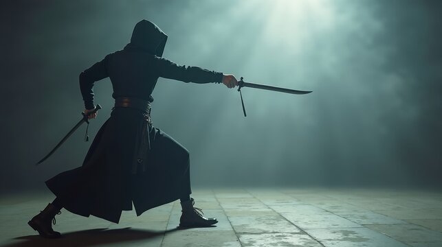 Capture a rogue character in a stealth mockup, slashing with twin daggers, dodging an imaginary attack with a roll, and countering with a rapid backstab motion. Swift and silent action.