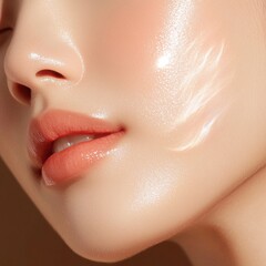 Closeup of glowing skin with elegant fingers soft lighting natural hydration timeless beauty serene atmosphere