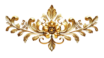 A detailed image showcases an isolated golden floral design element against a black background, exhibiting intricate baroque-style craftsmanship.