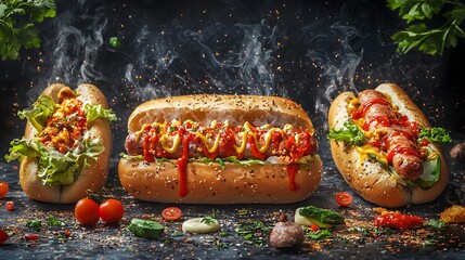 Mouth Watering Gourmet Hotdogs with Fresh Toppings Served on Rustic Wooden Surface