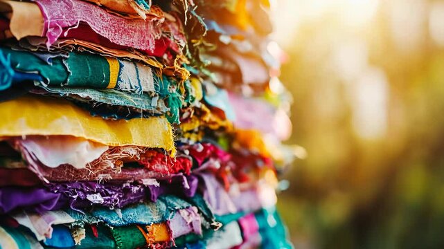 Colorful fabric stacks in natural light showcasing textile textures and hues