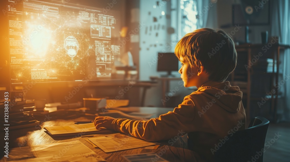 Poster young boy engaged in computer programming with futuristic display