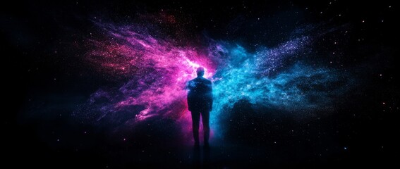 Obraz premium Colorful powder explosion creates a vibrant cosmic effect with blue and purple hues against a black background