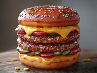Mouthwatering Cheeseburger on Wooden Surface with Copyspace