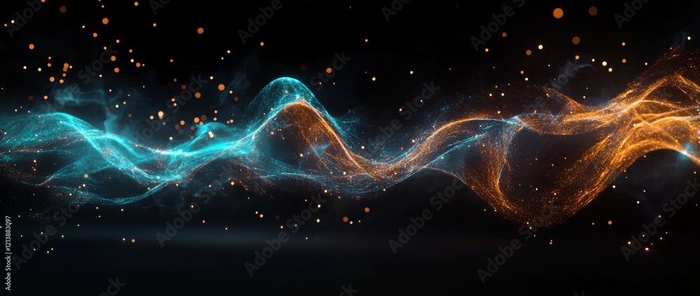 Poster sparkling golden particles create a mesmerizing background filled with shimmering lights at night..