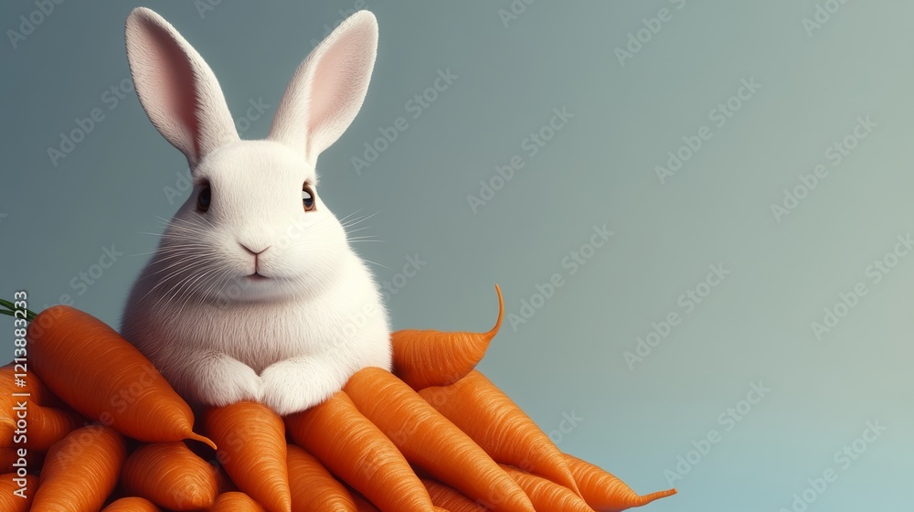 Poster white rabbit is sitting on a pile of carrots. the rabbit is looking at the camera with a curious exp