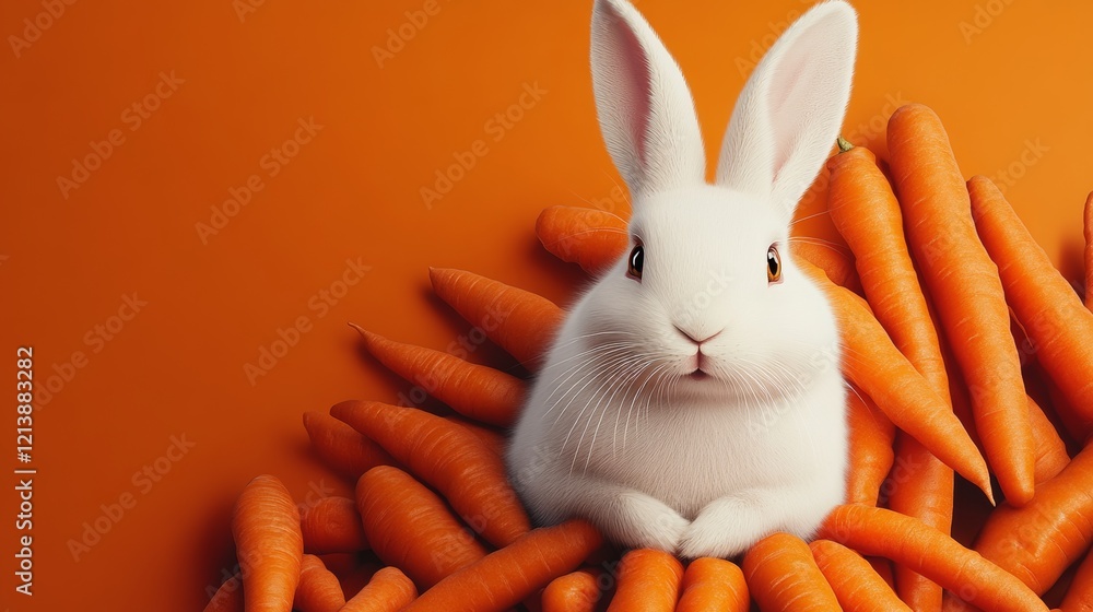 Poster white rabbit is sitting on top of a pile of carrots. the rabbit is looking at the camera with a curi