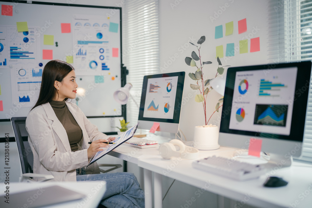 Poster businesswoman working with financial data on computer and documents, analyzing charts and graphs in 