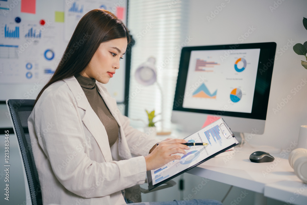 Poster Focused businesswoman working with financial data using computer and documents
