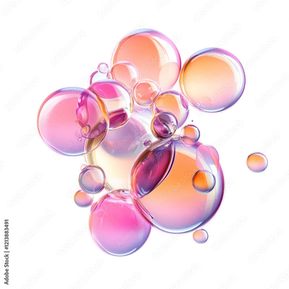 Poster A cluster of translucent pink and orange bubbles floats against a white background creating a vibrant and abstract composition.