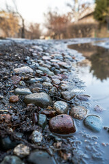 A detailed close-up view of wet pebbles on a muddy road, glistening in the soft winter light. The puddles and scattered stones create a natural texture, showcasing earthy tones and reflective surfaces
