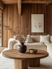 Scandinavian style country house interior design with modern living room. Round wooden table near the sofa, brown paneled wall.