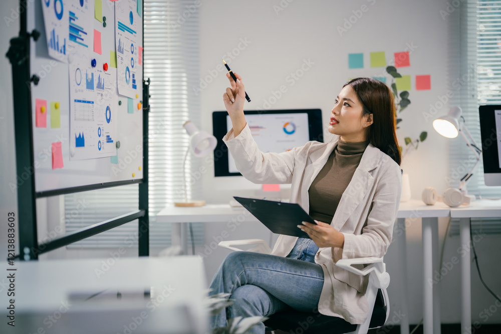 Poster Businesswoman analyzing financial data using clipboard and pointing at whiteboard with charts and graphs