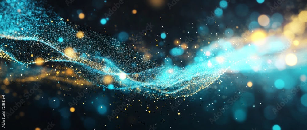 Poster sparkling golden particles create a mesmerizing background filled with shimmering lights at night..