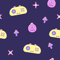 Seamless pattern with gamepads and fly agaric mushrooms. Multicolored elements on dark background. Retro illustration with outline in 90s style. Vector illustration.