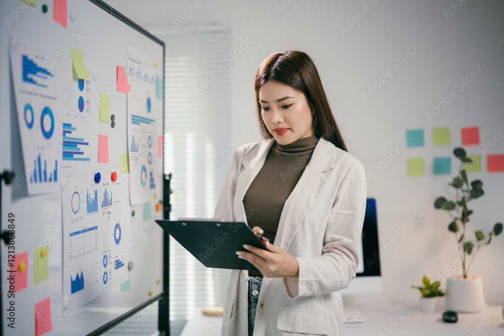 Poster Professional analyzing project data, reviewing charts on clipboard with whiteboard metrics during strategic business planning session