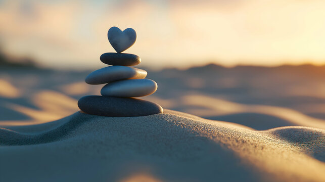 A stack of smooth stones topped with a heart-shaped rock, resting on soft sand with a serene sunset in the background.