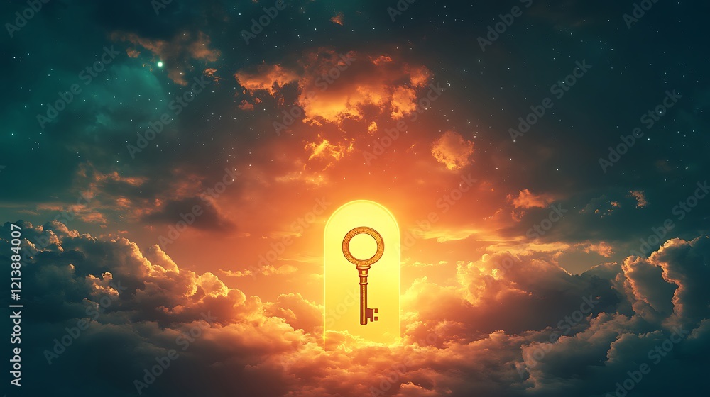 Wall mural glowing horizon with a keyhole in the sky and a floating golden key symbolizing the opening of new w
