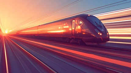 Fototapeta premium High-speed modern train in motion, captured at sunset with a motion blur effect.